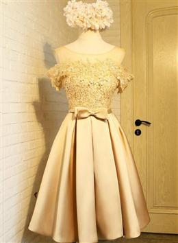 Picture of Golden Satin Lace Off Shoulder Short Homecoming Dress, Knee Length Party Dress